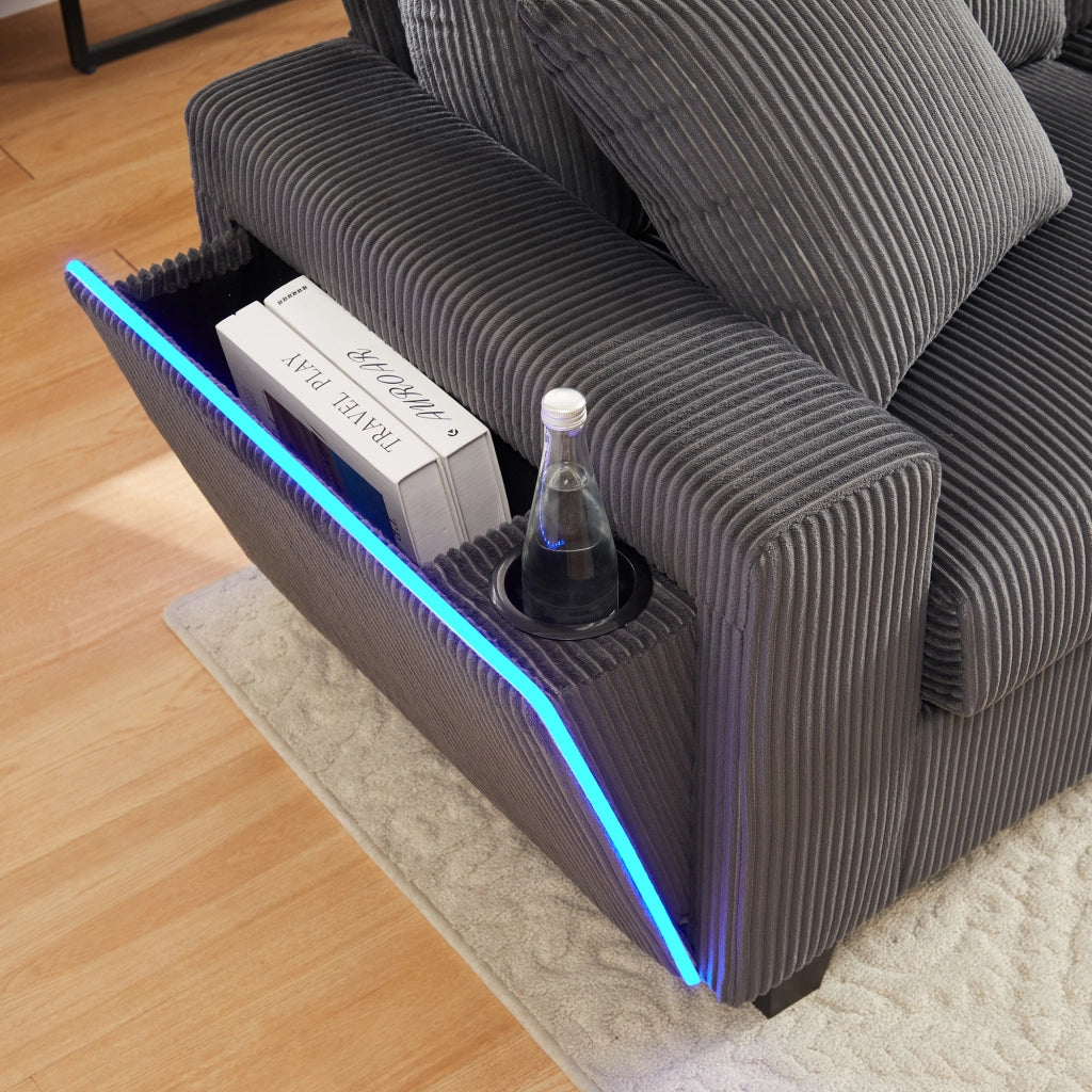 Divano panoramico a U 5 posti con LED, USB Type-C, lampada da lettura e vani portaoggetti in velluto a coste grigio
