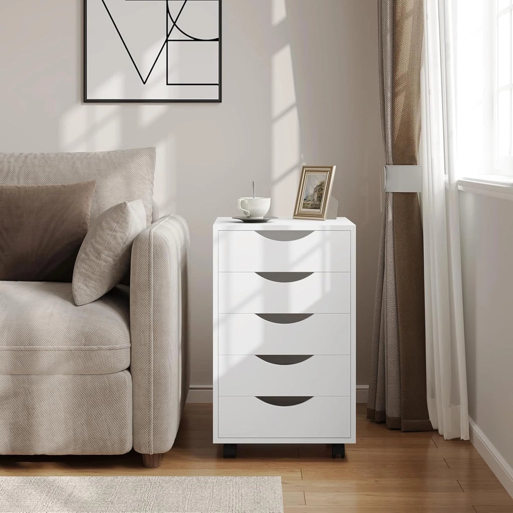 Scrivania a Piedistallo con 5 Cassetti, Schedario Rotante, Comodino, Mobile per Ufficio, Camera da Letto, in Legno Ingegnerizzato PB, Bianco, 40x40x66,5cm, ASK14ws