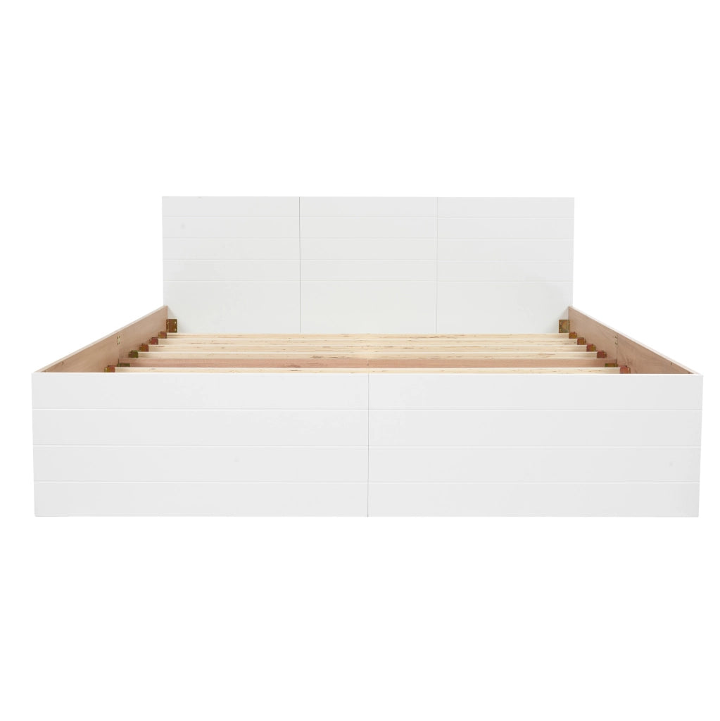 Letto matrimoniale ULEVR 180x200 cm con 2 cassetti intercambiabili e rete a doghe, bianco e rovere chiaro
