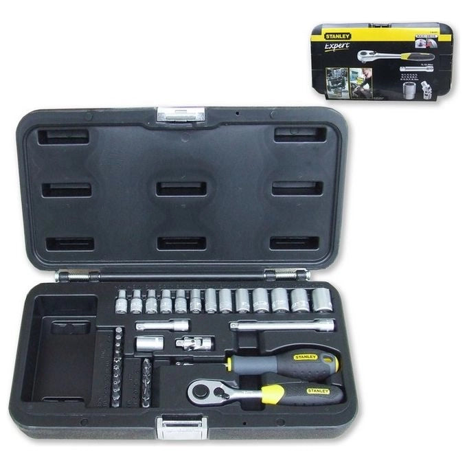 Stanley 1-94-672 Set Chiavi a Bussola 1-4'' 35 pezzi con Cricchetto Prolunghe e Snodo in Valigetta
