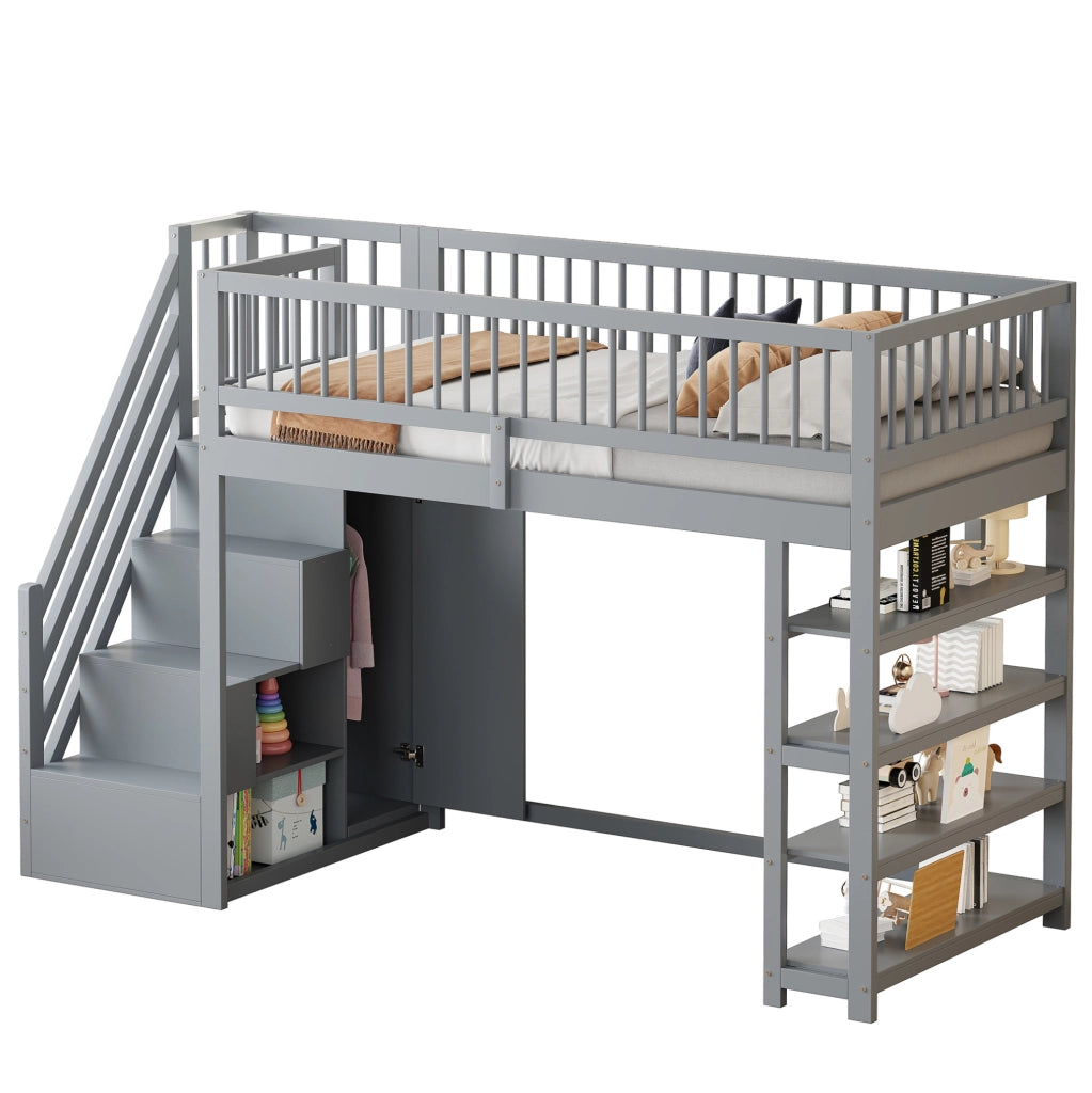 Letto a soppalco multifunzione con armadio, ripiani e scala di sicurezza