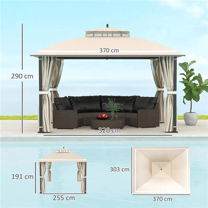 GAZEBO DA GIARDINO 3.7 X 3 M CON ZANZARIERA TENDE LATERALI E DOPPIO TETTO BEIGE