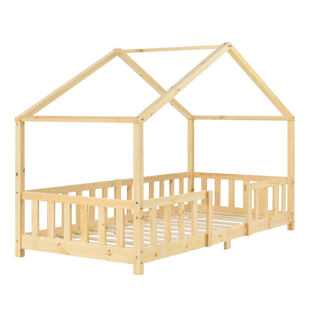 Letto per Cameretta Treviolo a Forma di Casetta 90x200 cm Legno Naturale [en.casa]