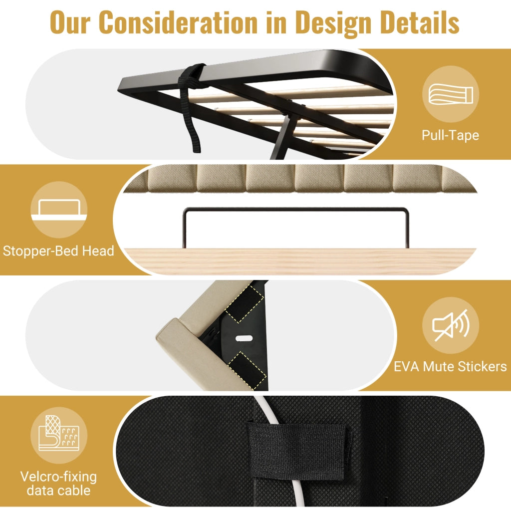 Letto singolo imbottito ULEVR 90x200 cm con contenitore idraulico, LED, USB e Type-C, lino beige