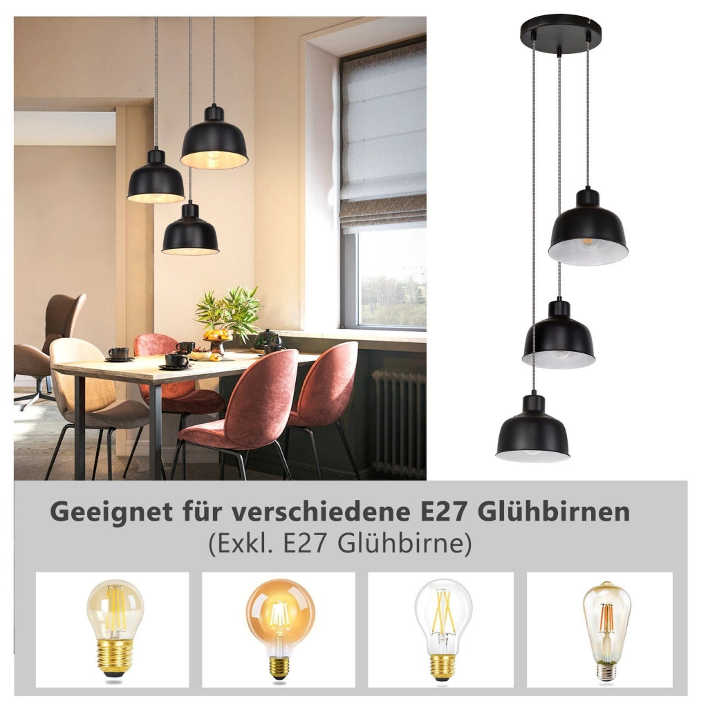Lampada a sospensione ZMH nero 3 Luci retr¨° in metallo stile industrialeattacco E27 per sala da pranzo