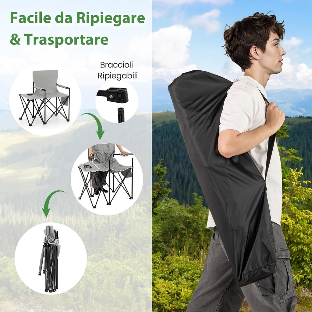 Sedia da Campeggio con Tavolino Laterale, Sedia da Picnic Pieghevole con 2 Tasche, Portabicchieri, Braccioli Imbottiti, Borsa da Trasporto, Portata 150 kg (Grigio)