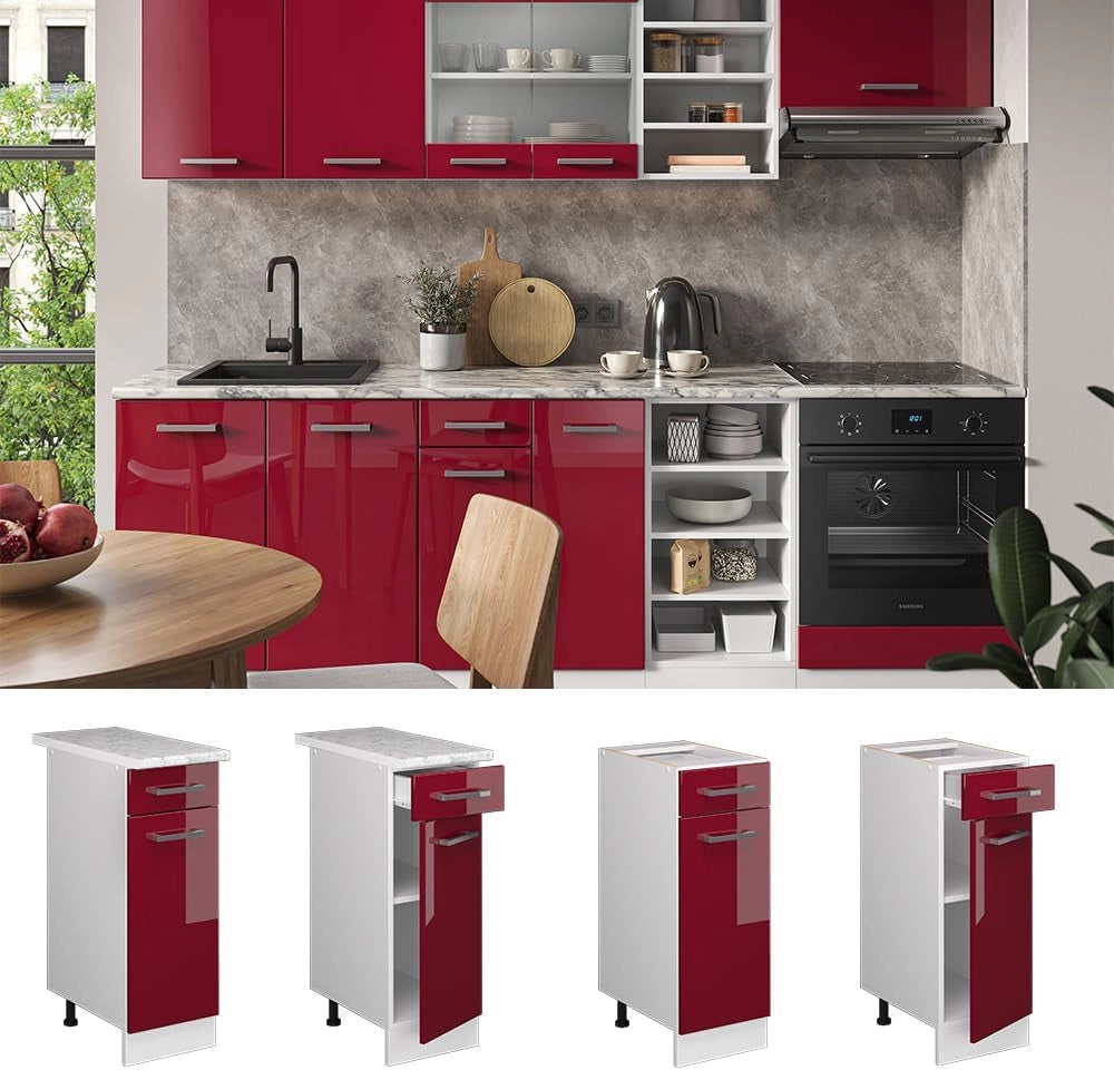 Mobiletto base per cucina R-Line, Rosso lucido, 30 cm, PL Marmo, per la libera combinazione all'interno di sistemi cucina modulari