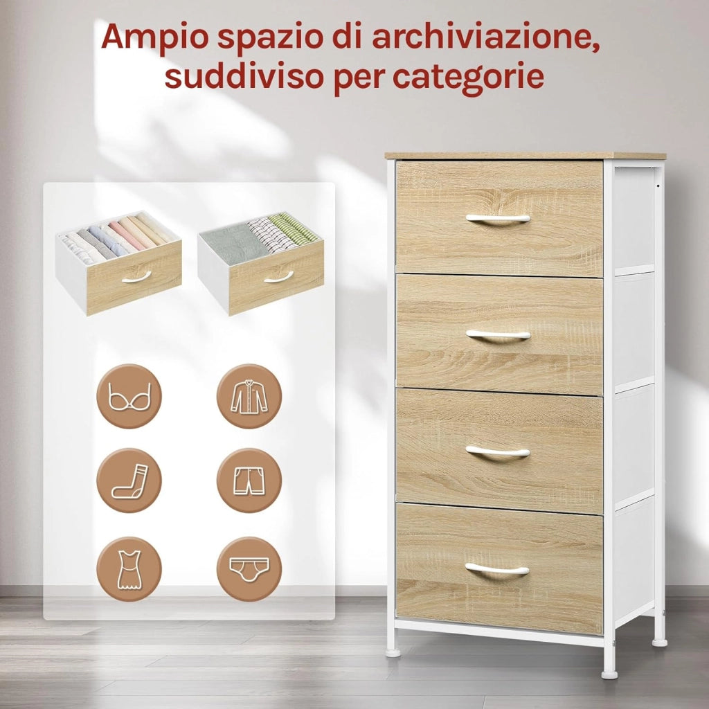 Cassettiera, 4 Cassetti in Tessuto, Armadio di Stoccaggio per Camera da Letto Corridoio Soggiorno, Struttura in Acciaio, E1 Piano Legno, Bianco