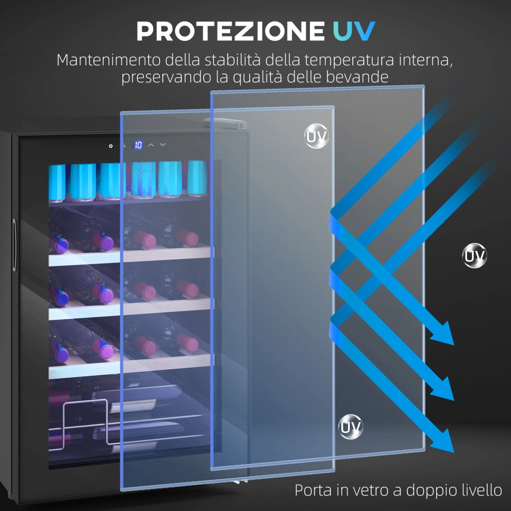 Cantinetta Frigorifero per Vino da 53L con Ripiani Regolabili per 12 Bottiglie e 25 Lattine 43x45x64 cm Nero