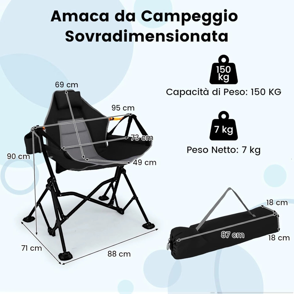Sedia da Campeggio Amaca, Sedia a Dondolo Pieghevole con Portabicchieri, Schienale Regolabile, Poggiatesta, Sedile a Dondolo per Giardino, Patio, Prato, Portata 150 kg (Nero)