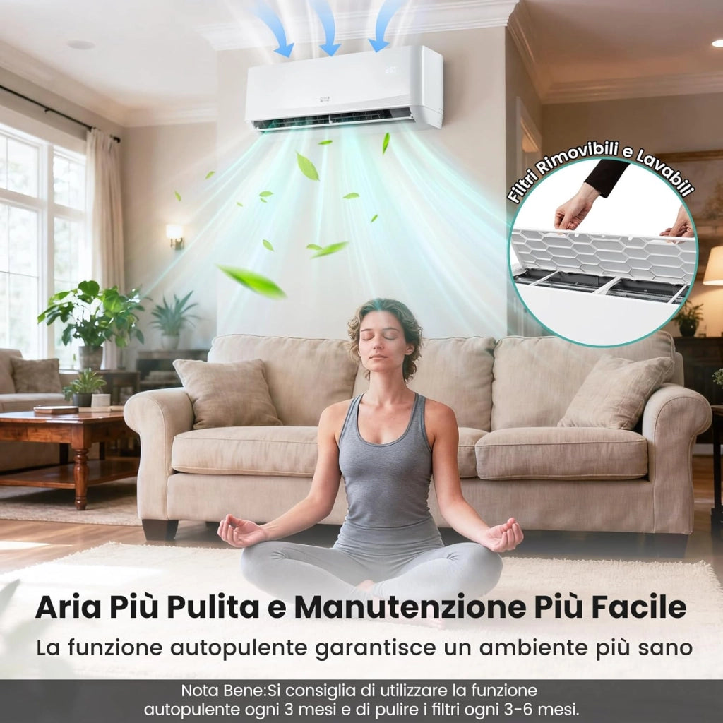 Climatizzatore Monosplit, Condizionatore Split con Pompa di Calore, Tecnologia Inverter, Flusso d’aria 4D con 8 Velocità, Funzione di Autopulizia e Timer di 24 ore (12000BTU, 3,4kW)