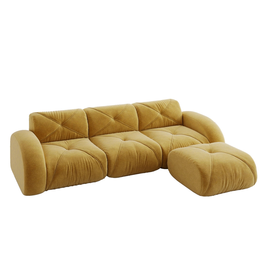 Divano modulare in chenille gialla; 281x171x76 cm; schiuma 32D; portata 200 kg per seduta