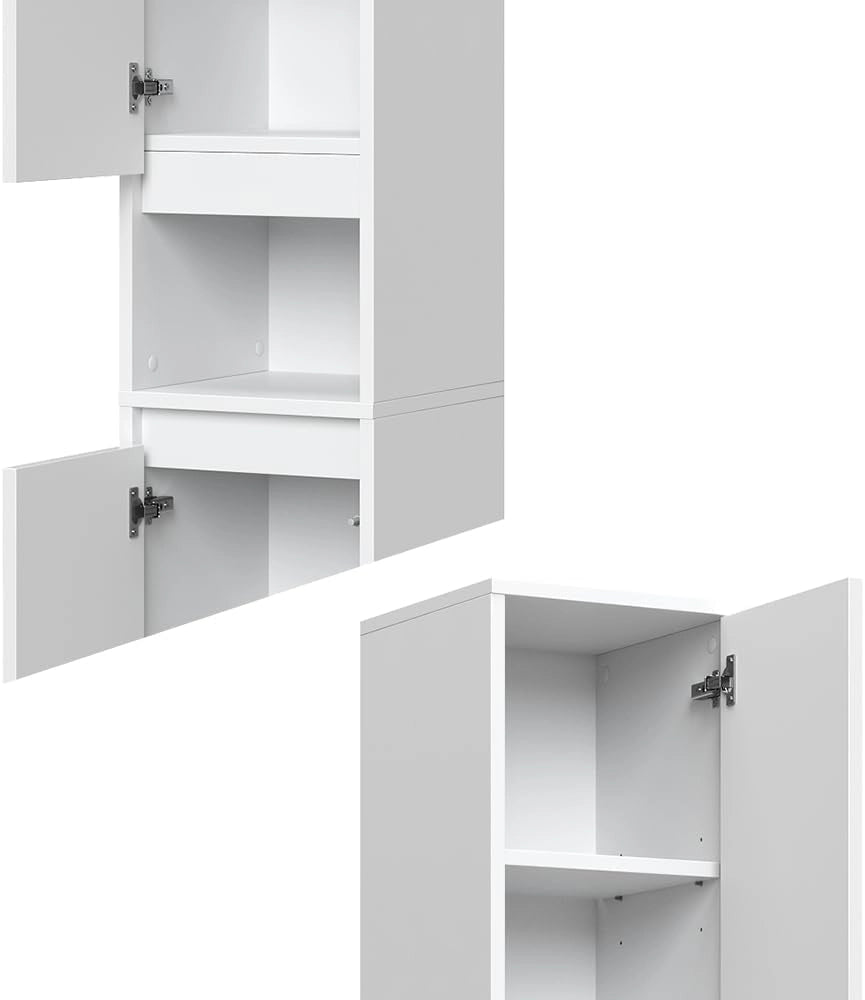 Armadio per il bagno Majest, Bianco lucido, 30.2 x 191.5 cm con ante e vano a giorno, per la conservazione con sei ripiani regolabili
