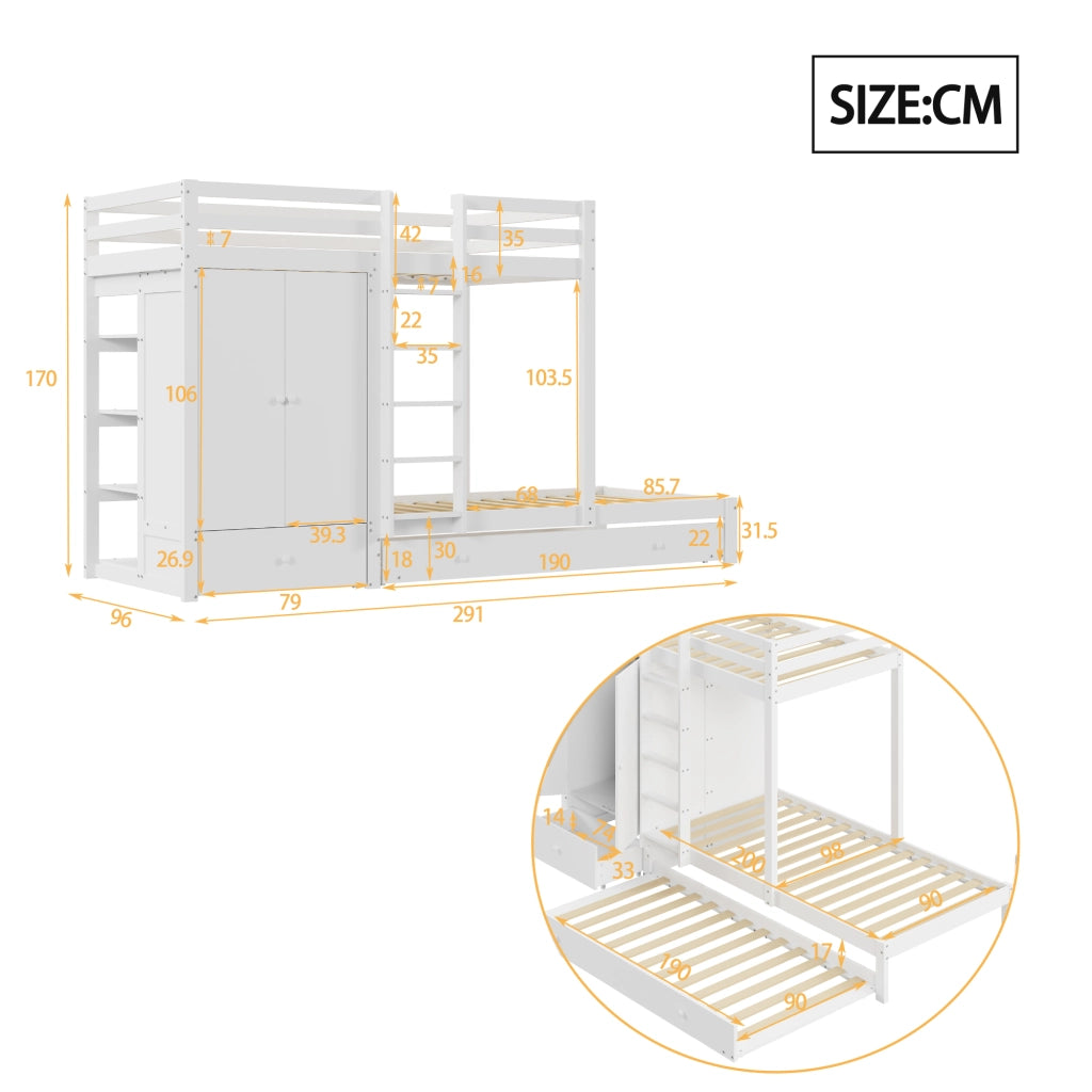 LETTO A CASTELLO con letto estraibile 90x200 cm legno bianco