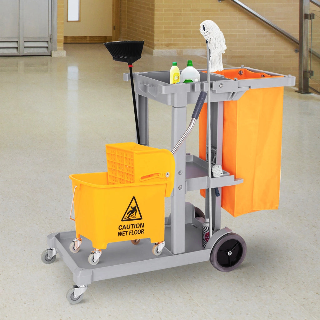 Carrello Pulizia Multifunzionale con 3 Bandeje e 1 Piattaforma ¨C zephmum ¨C 121x50,5x96,5 cm Grigio e Giallo