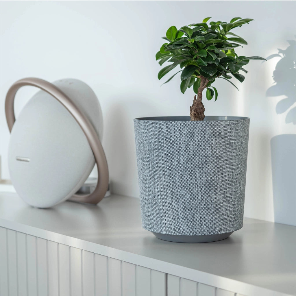 Vaso da fiori KADAX, coprivaso rotondo in tessuto grigio fantasia, 25 cm