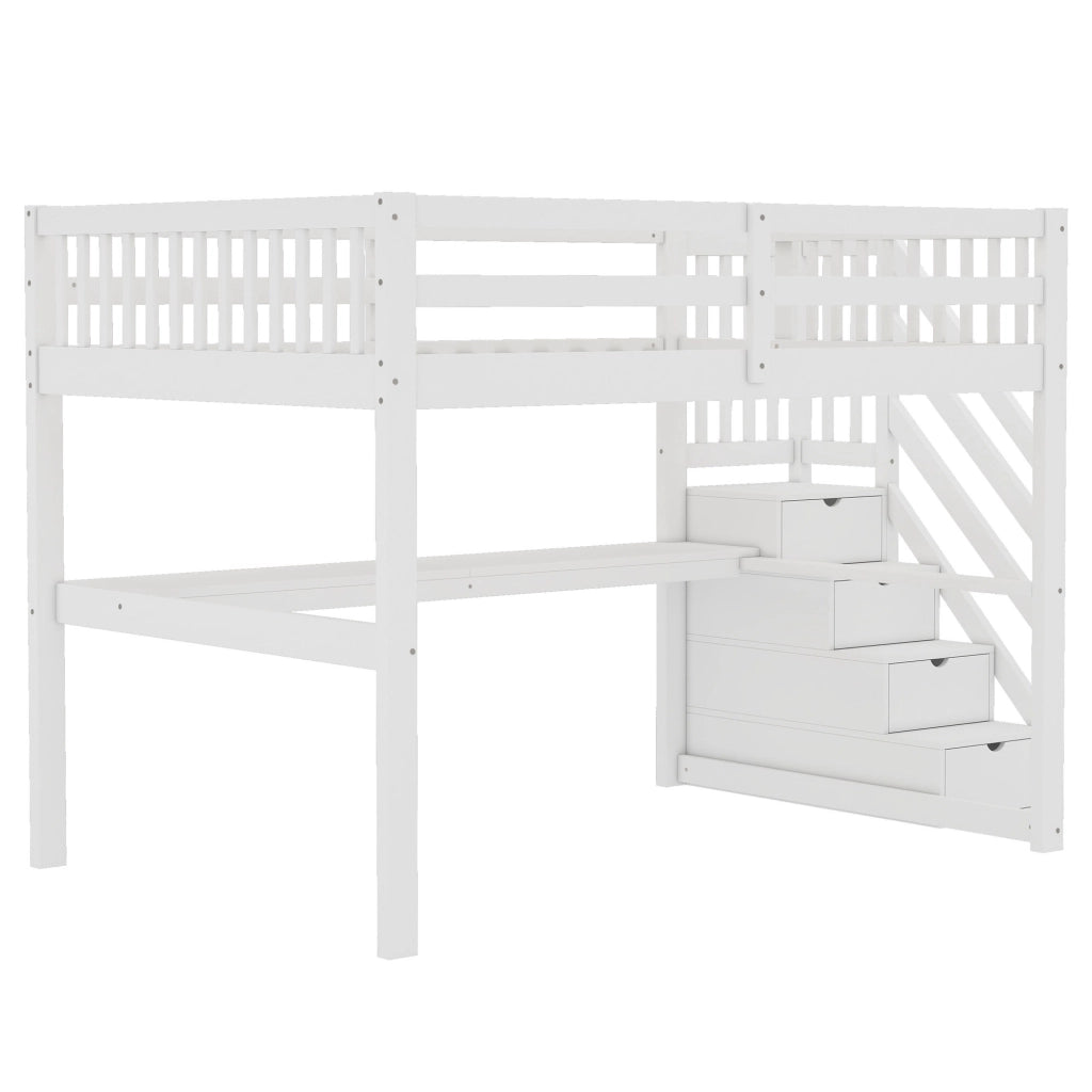 Letto a castello bianco in pino con cassetti portaoggetti e scrivania sottostante 140x200 cm