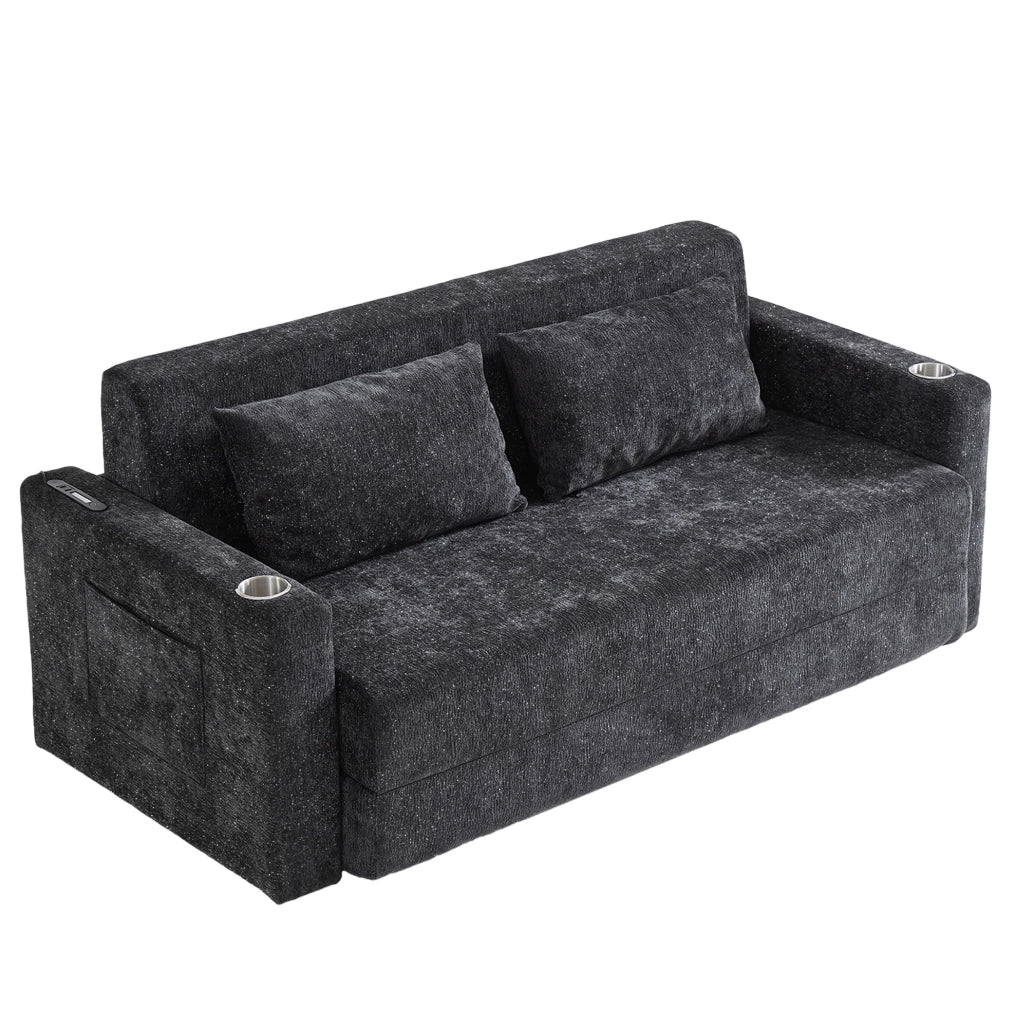Divano letto 2 in 1 pieghevole con USB; porta bicchieri e tasche laterali; nero e grigio