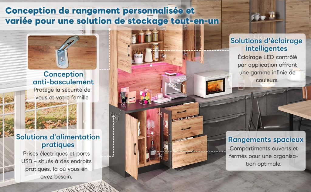 Pensile Alto da Cucina con LED e Ripiani ¨C MINIMAL ¨C Nero e Legno 105x40x180 cm