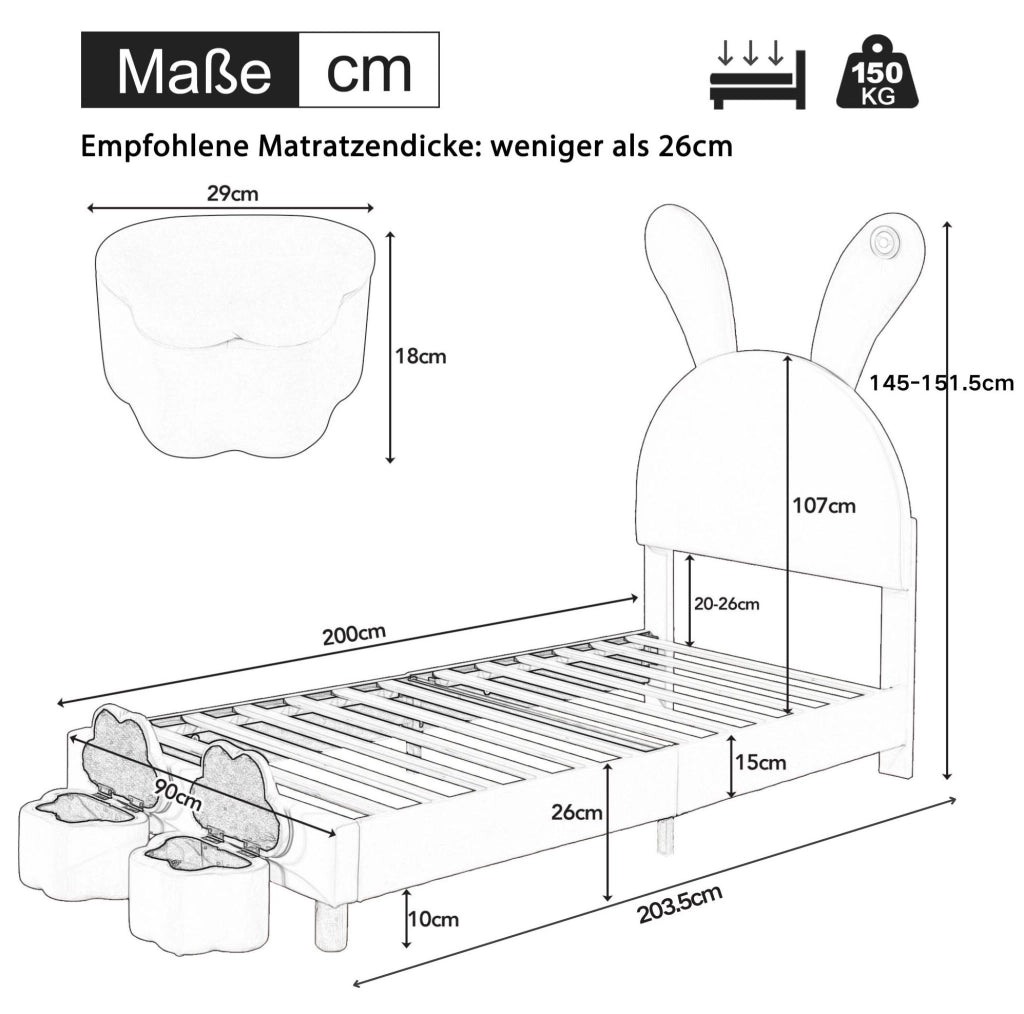 Letto rosa 90 x 200 cm con LED, panche contenitore e orecchie pieghevoli
