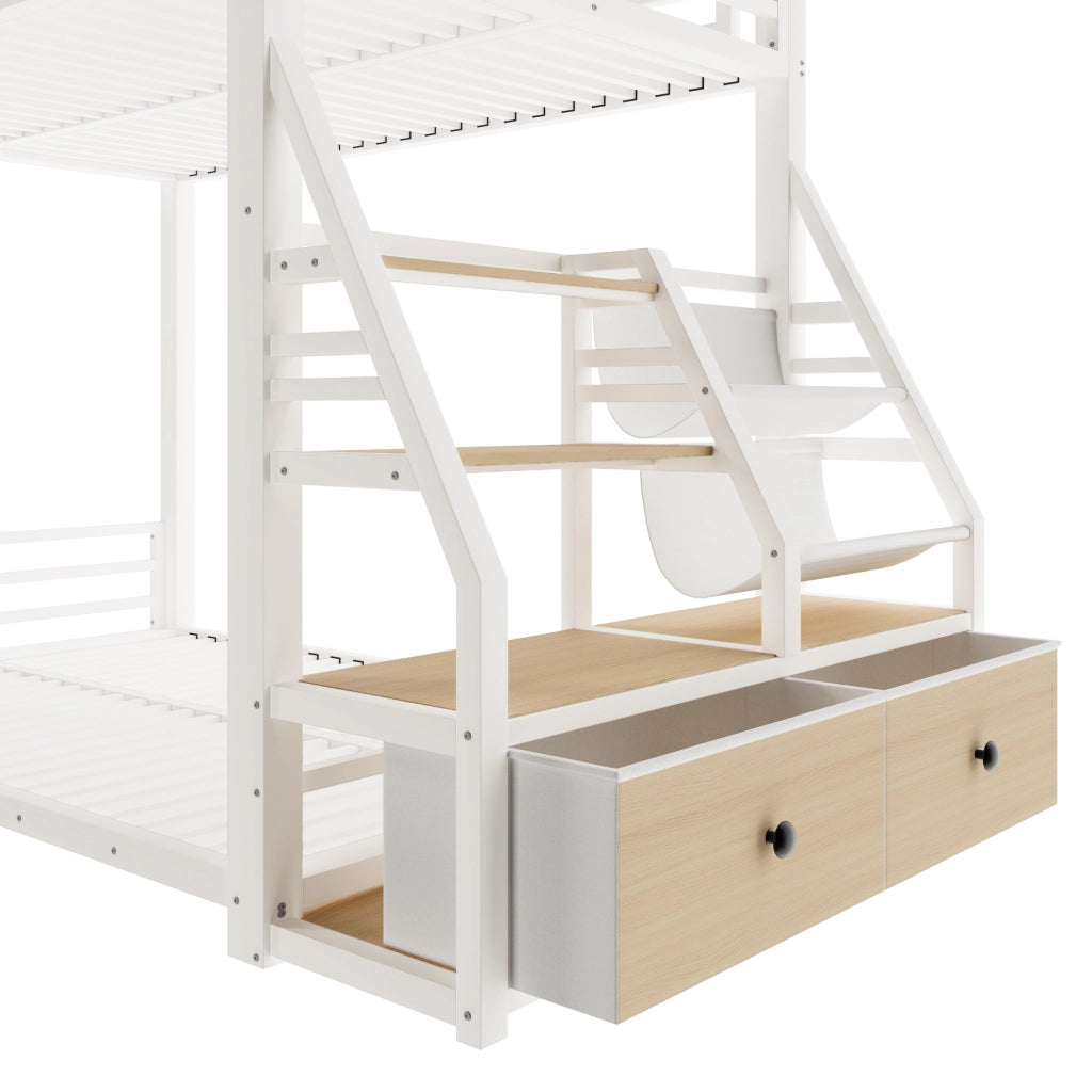 DESMIU Letto a castello 90 × 200 cm 2 posti con LED, ripiani e 2 cassetti in tessuto, senza materasso, bianco