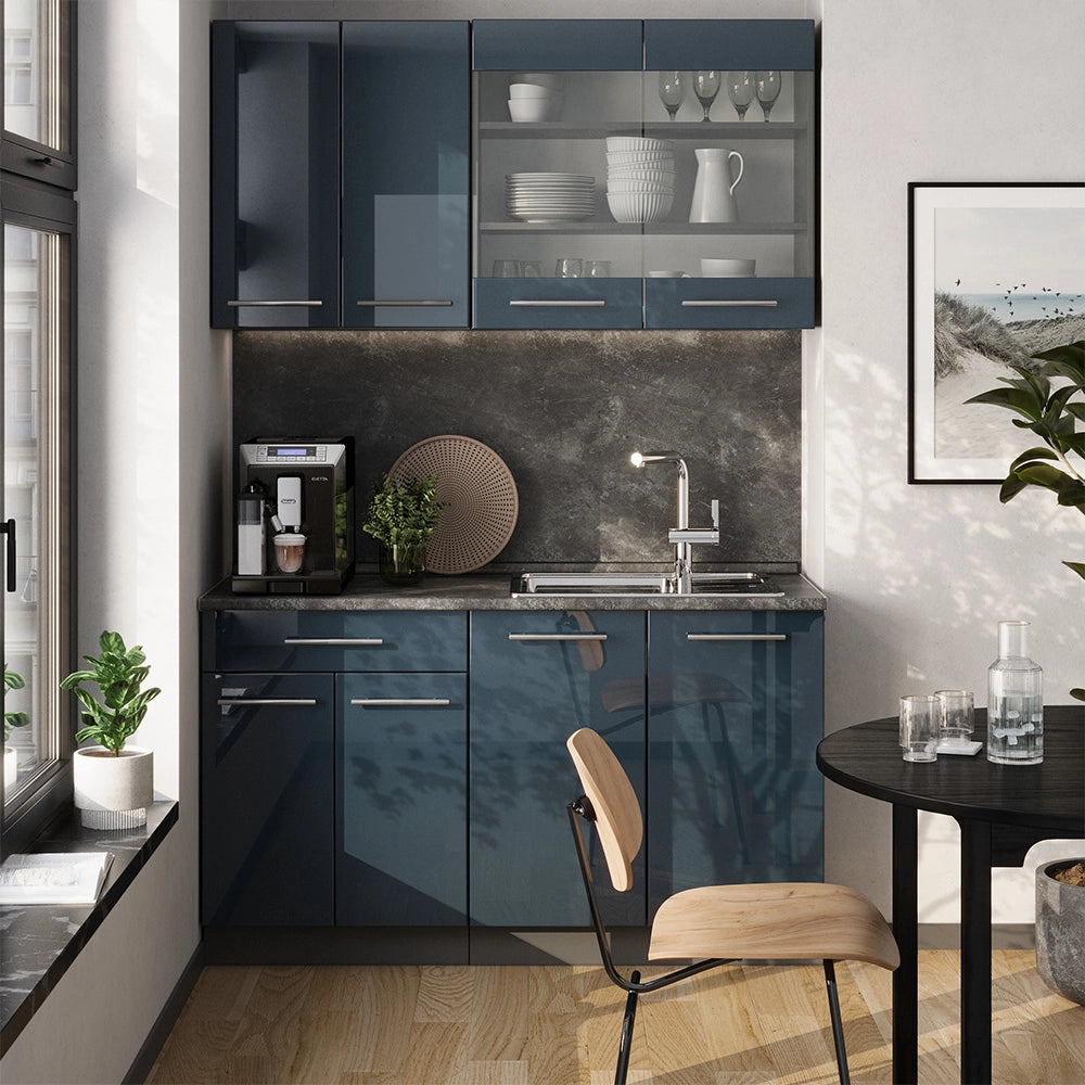 Cucina singola Fame-Line Blu scuro lucido/Antracite 140 cm, PL Marmo Vicco