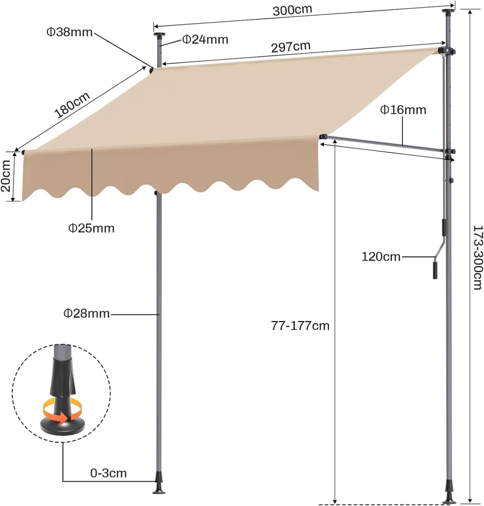 Tenda da Sole, Tenda da Balcone Avvolgibile a Barra Quadra con Manovella, Regolabile in Altezza, 300 x 120 cm, Beige