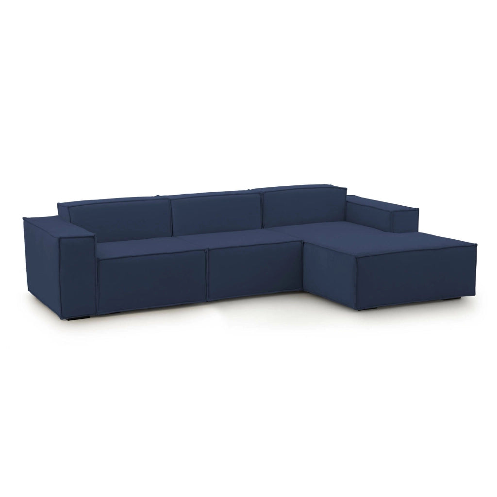 Divano fisso Ananas, Divano componibile a 3 posti con penisola destra, Made in Italy, SofÒ  moderno in tessuto, Cm 300x170h70, Blu