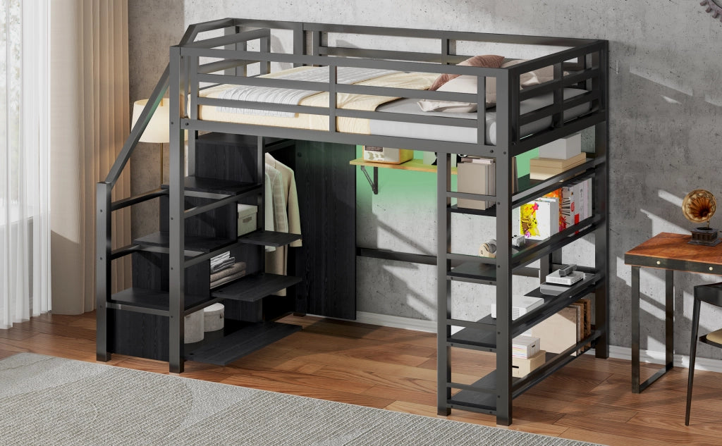 Letto a soppalco 140x200 in metallo nero con armadio, libreria e luci LED integrate