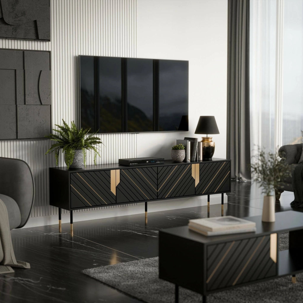 Seborga, Mobile Porta tv 4 Ripiani, 204x40x55h cm Nero