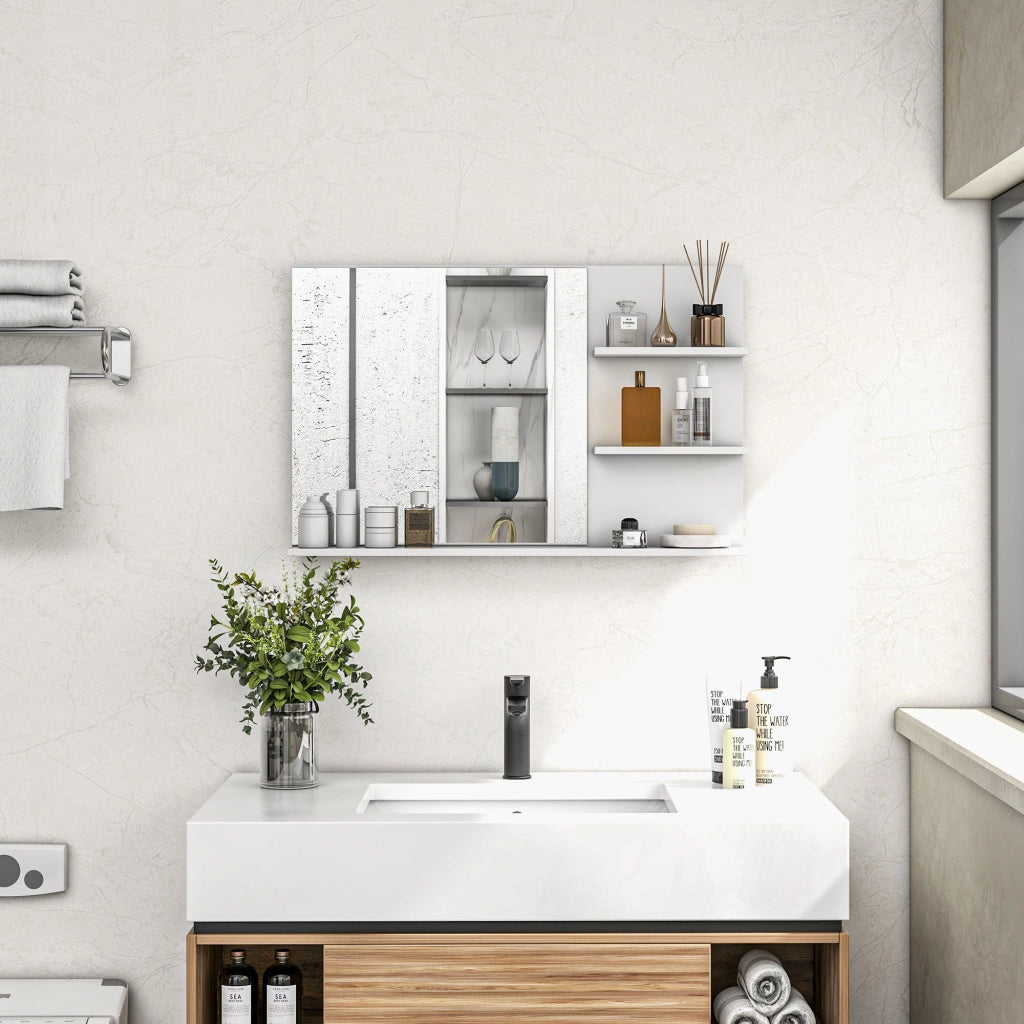 Specchio da Bagno a Parete con 2 Ripiani Laterali e Ripiano Inferiore, in MDF e Vetro, 75x10x48 cm, Bianco