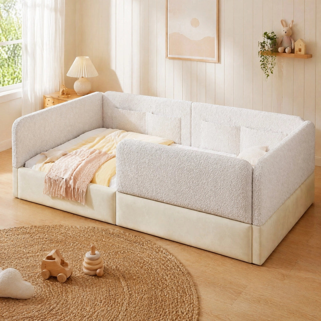 LETTO imbottito 90x200 cm bianco in MDF, PU e velluto