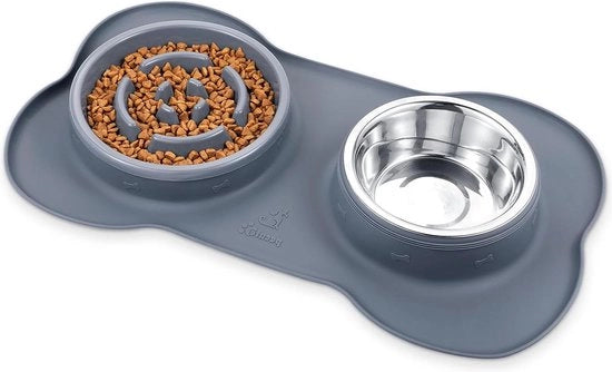 Set di protezione 3 in 1 per cani con superficie antiscivolo - 2 comuni in acciaio inossidabile - paniere per cibo in silicone - colore grigio - adatto per gatti, cuccioli, piccoli cani