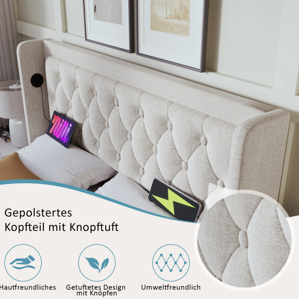 Letto imbottito contenitore beige 160 x 200 cm con LED e ricarica USB Type-C