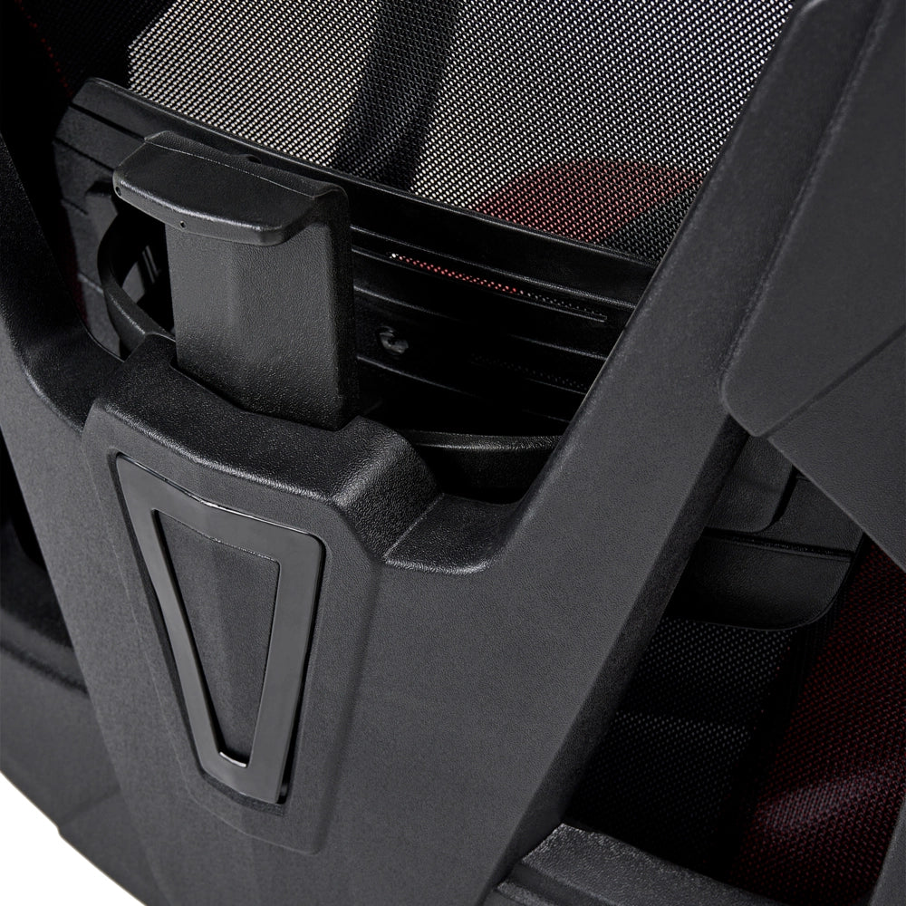 Sedia da ufficio in ecopelle nero e rosso, regolazione in altezza con pistone a gas, funzione di inclinazione, rotazione a 360°, schienale e braccioli regolabili