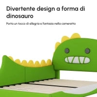 Letto Imbottito per Bambini 4+ Anni a Forma di Dinosauro con Doghe in Legno, Rivestimento in Pelle PU, Senza Materasso, 90×200 cm, Verde