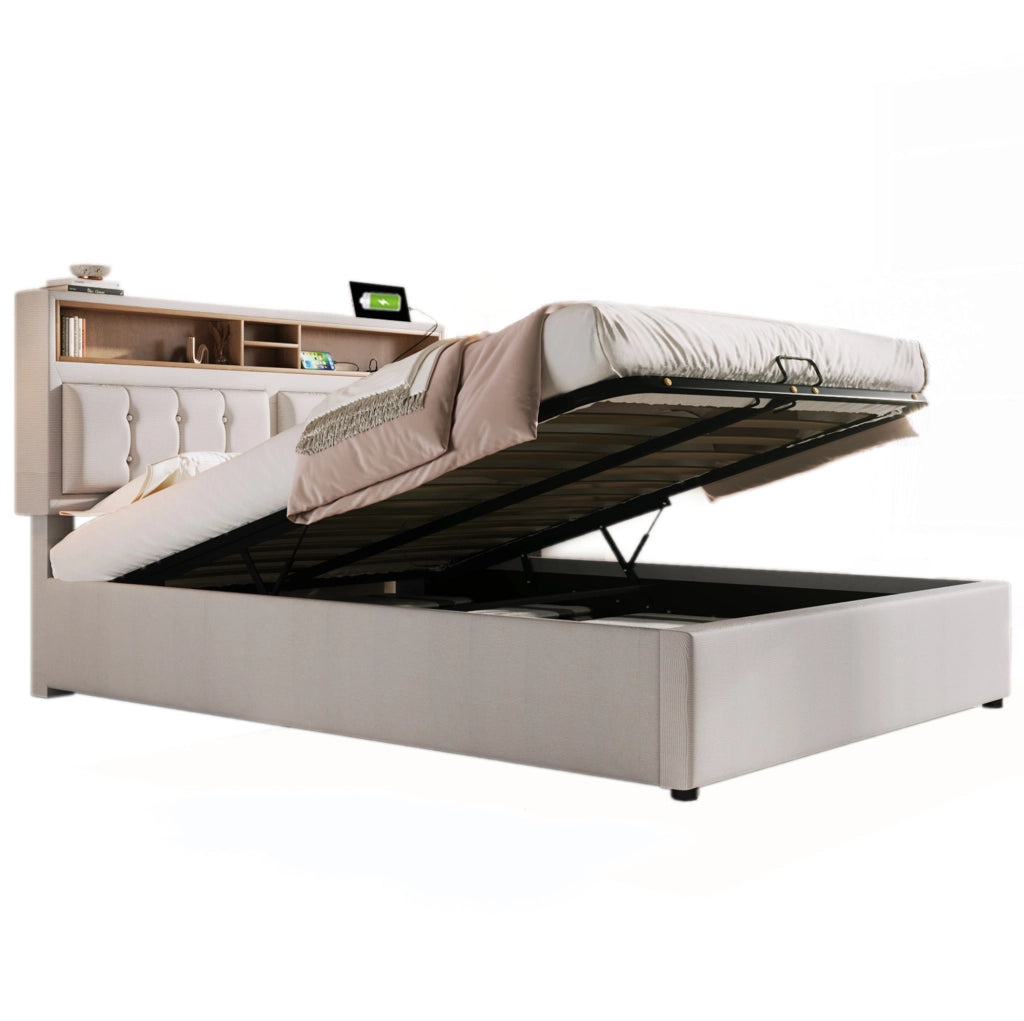 Letto matrimoniale imbottito 140x200 cm con testiera regolabile; USB e contenitore; beige