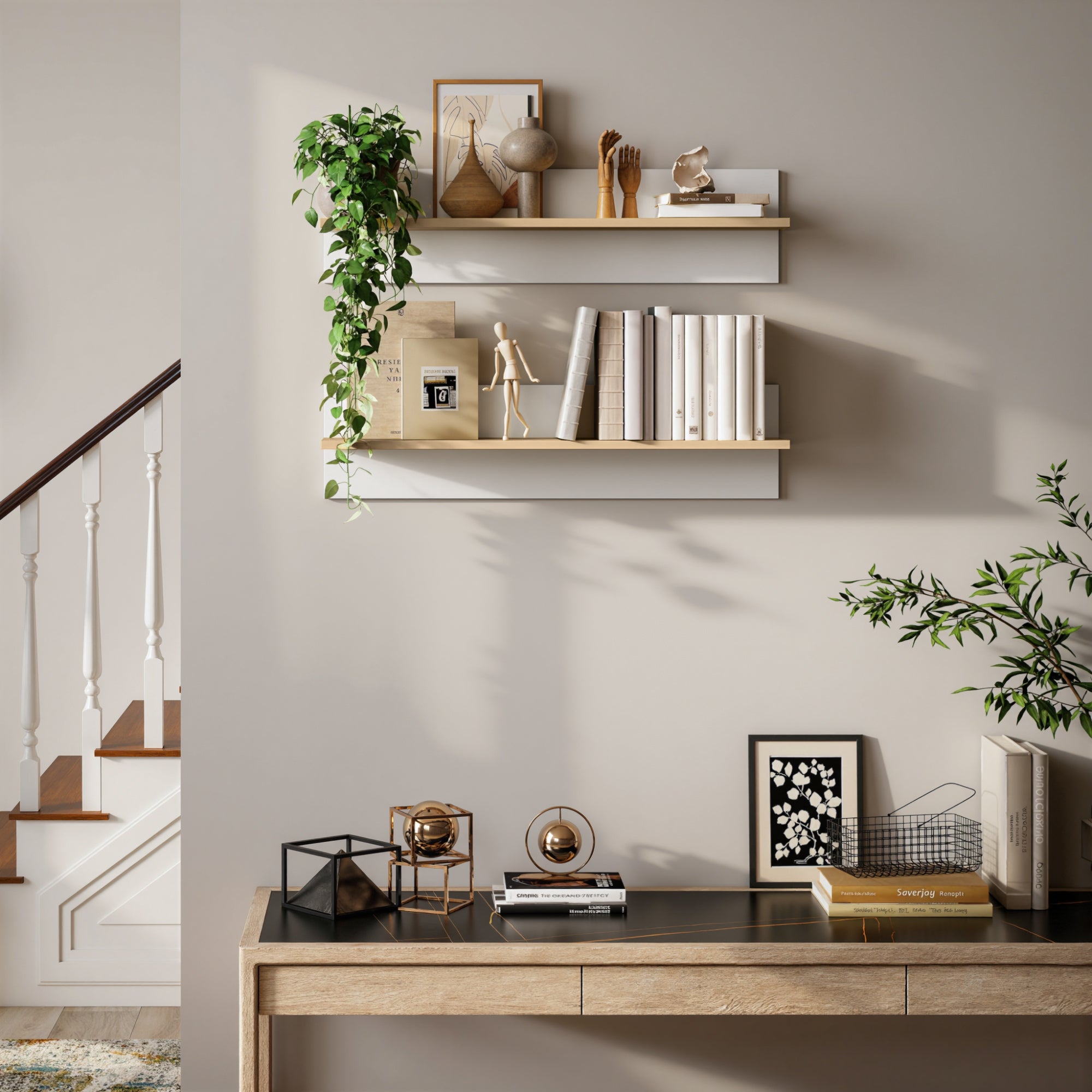 Set 2 Mensole da Parete 80x16,5x20 cm in Legno Bianco e color Legno