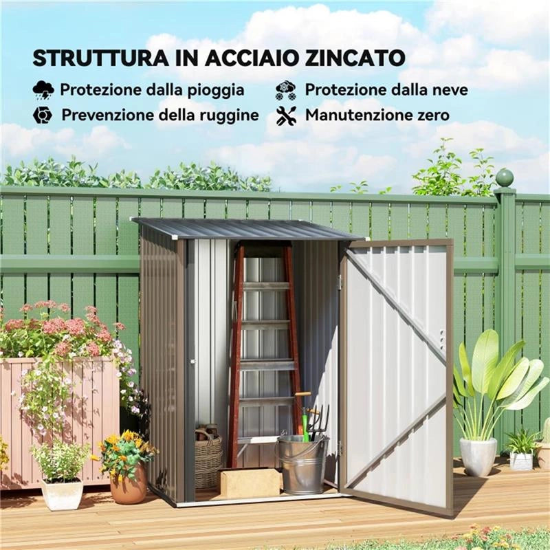 CASETTA DA GIARDINO PORTA ATTREZZI IN ACCIAIO GALVANIZZATO E PORTA, 100X103X160CM, MARRONE