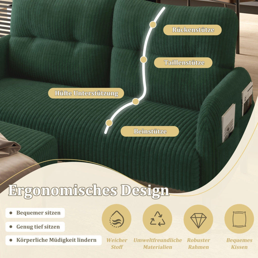 Divano 2 posti in corduroy verde smeraldo 120 x 75 x 79 cm con tasca laterale e gambe in metallo