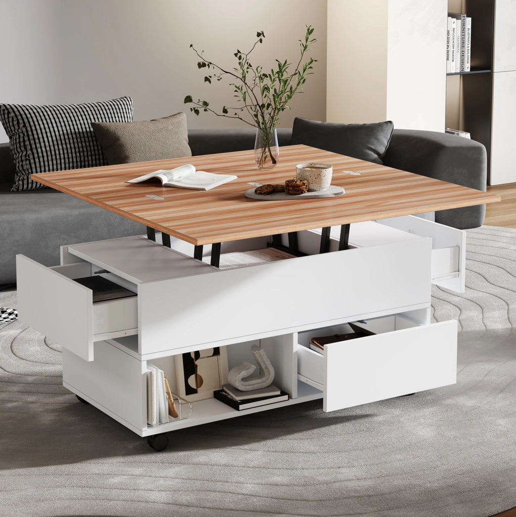 Tavolino da caffè 100x50x52 cm con piano sollevabile; 4 cassetti; ruote; truciolare bianco e naturale