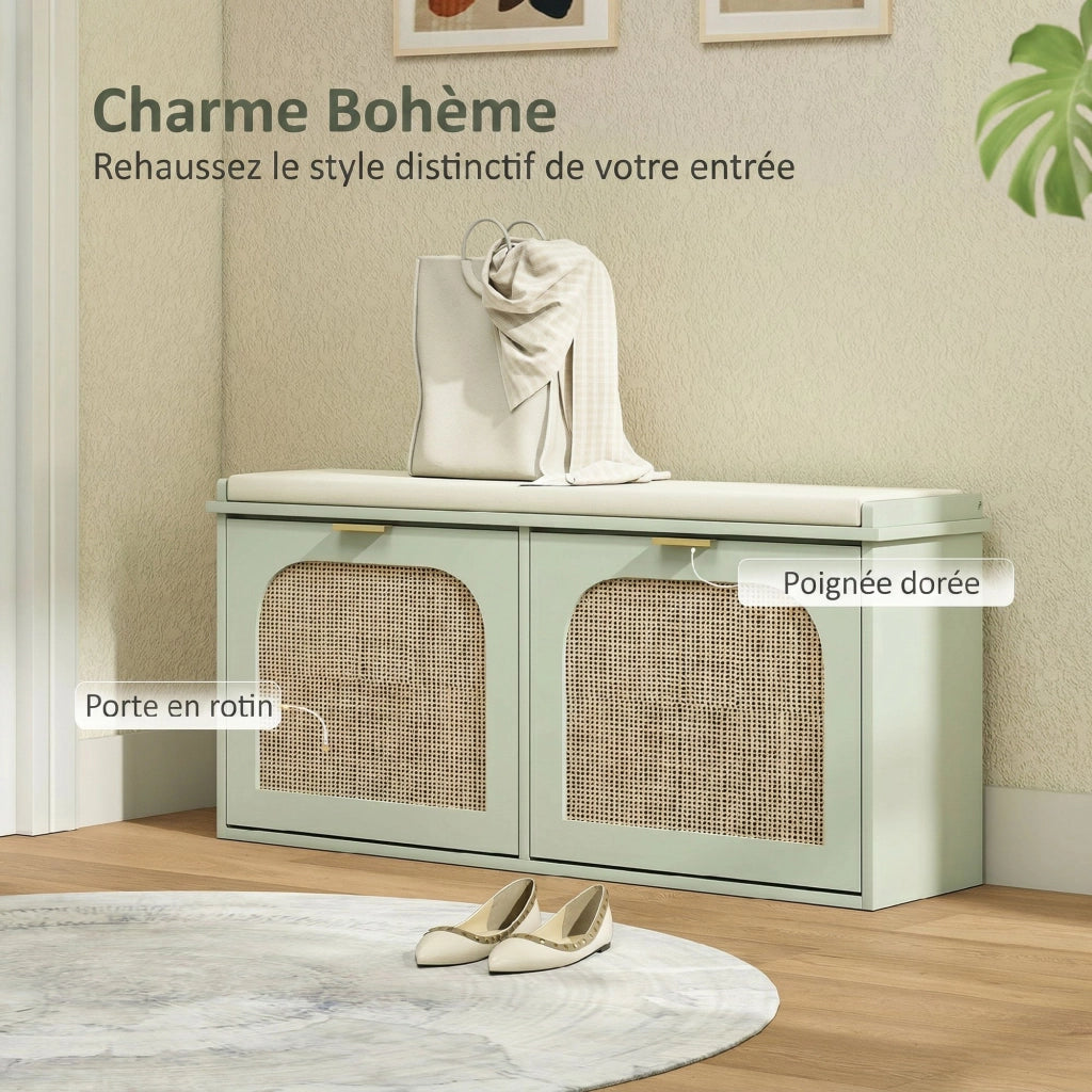 Panca scarpe con cassetti e schienale in rattan ¨C zephmum ¨C 104x26x47,5 cm verde