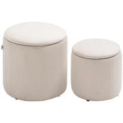 SET DI 2 POUF CONTENITORE SALVASPAZIO ROTONDI E IMBOTTITI IN VELLUTO A COSTE, BIANCO