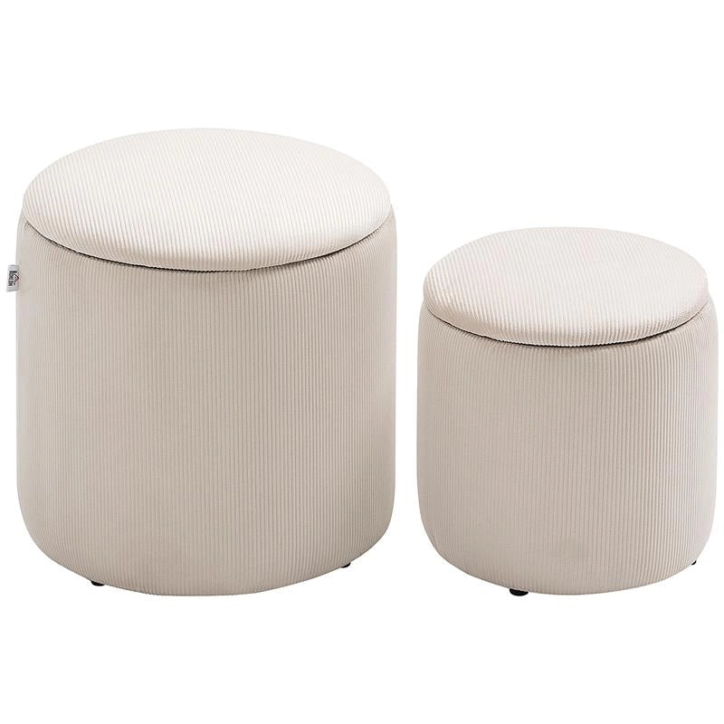 SET DI 2 POUF CONTENITORE SALVASPAZIO ROTONDI E IMBOTTITI IN VELLUTO A COSTE, BIANCO