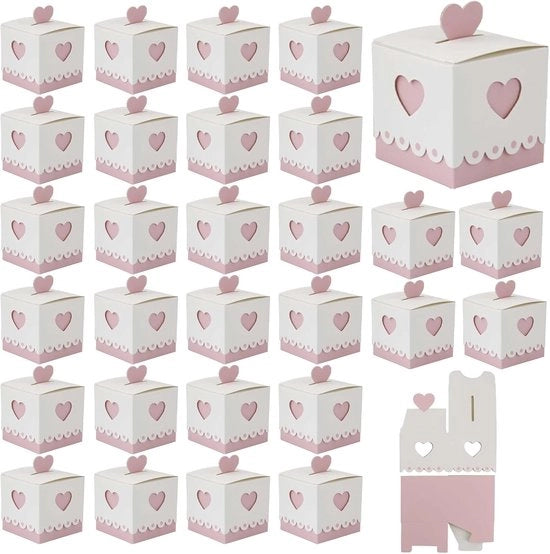 Scatola di Cadeau 30 pezzi - Scatola di legno con coperchio - Progettata con stile a cuore - 5,5 x 5,5 x 5,5 cm - Adatta per feste - Decorazione da tavola elegante - Scatola di regalo
