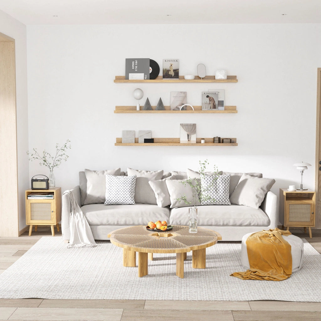 Set 2 Comodini in Stile Boho con Armadietto e Ripiano Aperto, in Truciolato, Rattan e MDF, 39x35x60 cm