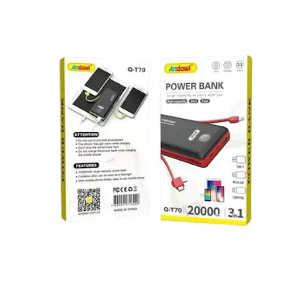 Trade Shop - Power Bank Portatile Q-t70 3in1 20000mah Batteria Mobile Ricarica Rapida Luce Led -