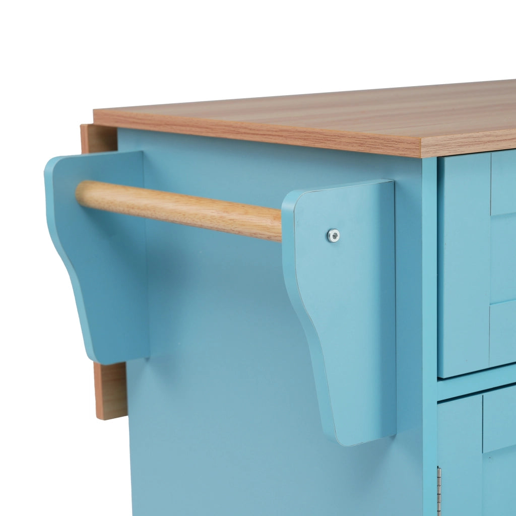 Carrello da cucina con 2 cassetti; 3 vani e piano pieghevole; con ruote e porta asciugamani per cucina; in MDF; blu