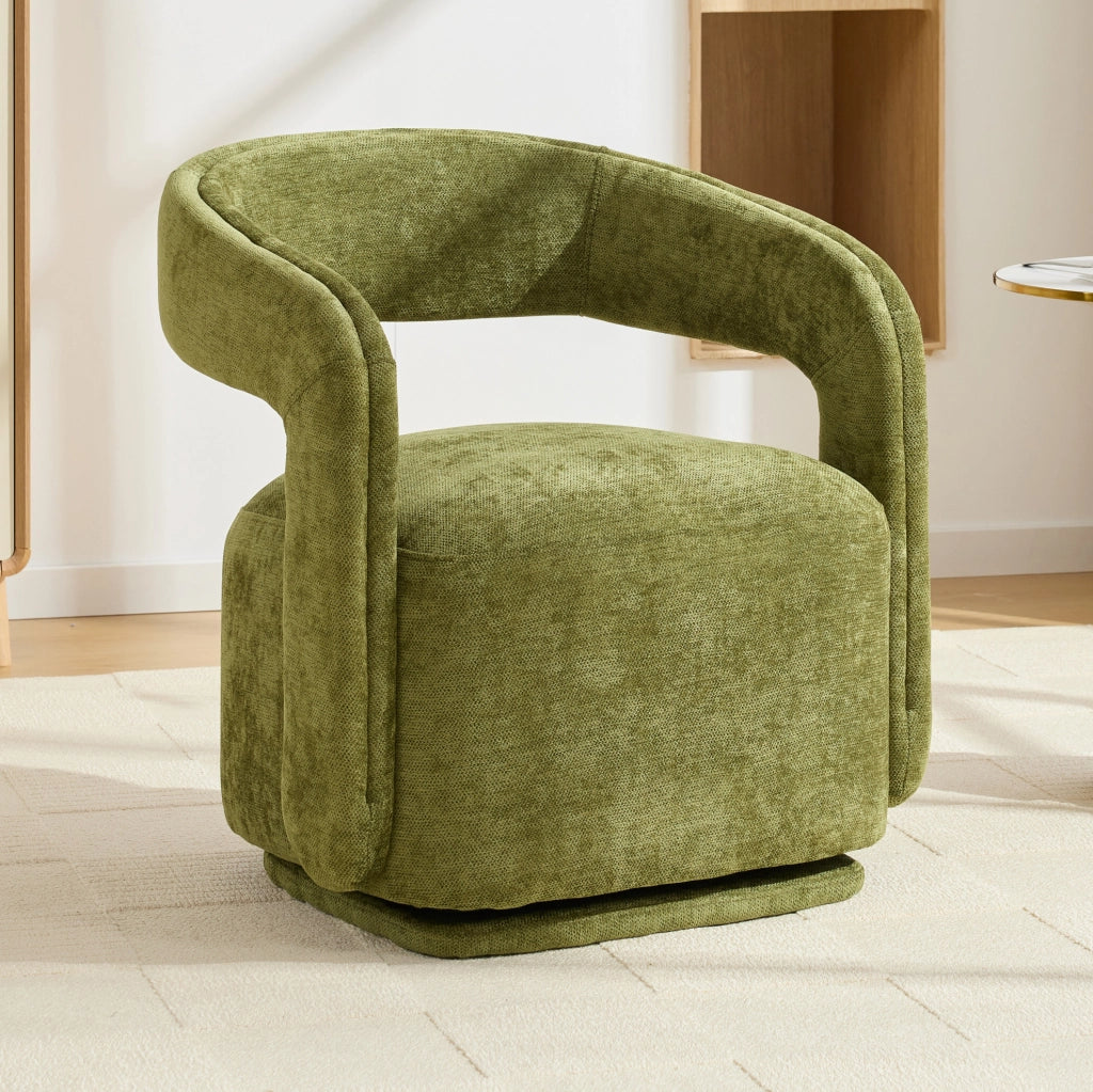 Poltrona girevole 360° in chenille verde, design Barrel Chair