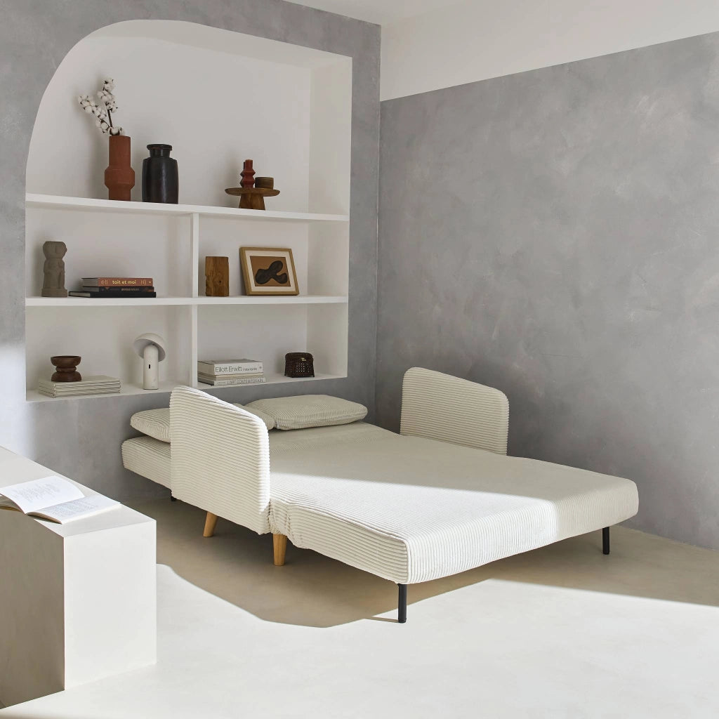 Divano letto in velluto a coste con gambe in legno, 2 posti, bianco